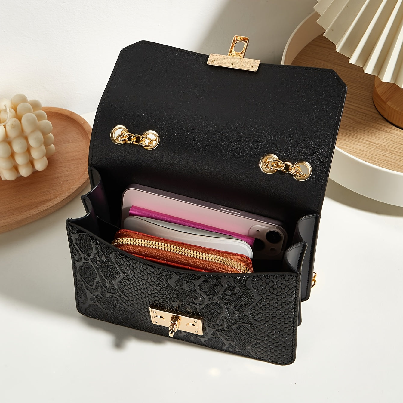 Vintage Women's Crossbody Bag - Black Synthetic Leather with Golden-Tone Chain Strap, Crocodile Texture Design, Detachable Shoulder Purse, Elegant Evening Clutch for Formal Occasions, Purse Crossbody