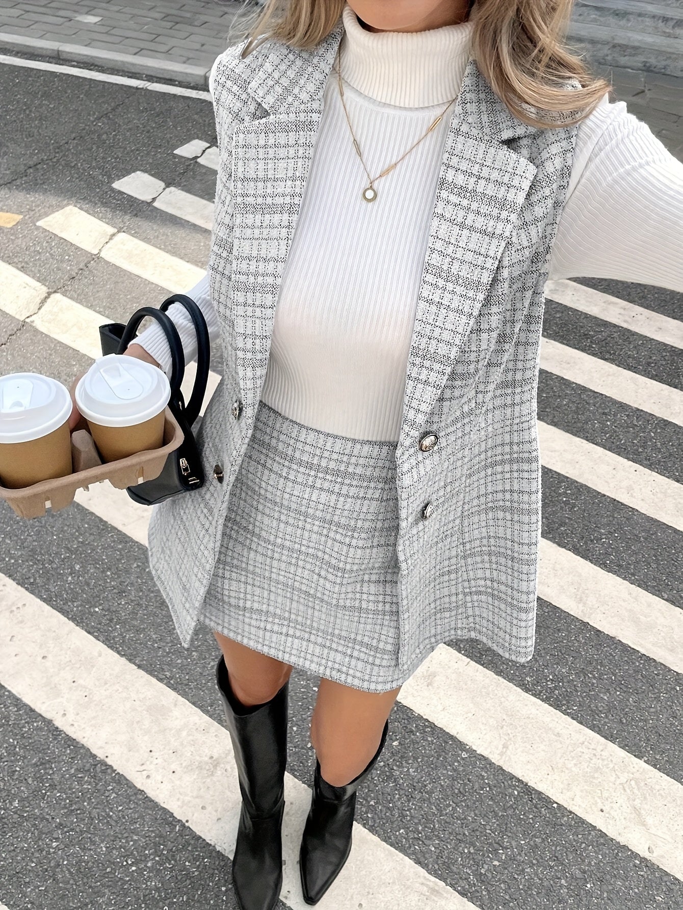 Elegant Plaid Vest Blazer & A-Line Skirt Set – Fall/Winter Chic