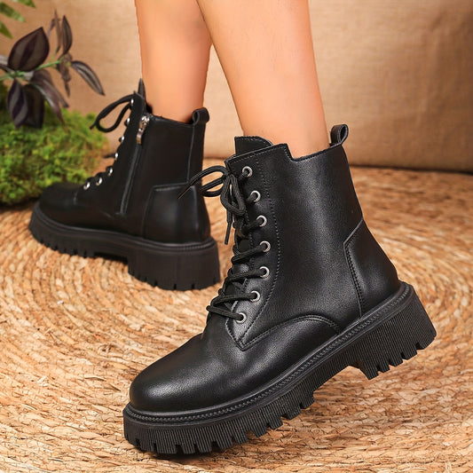 Women's Solid Color Platform Short Boots, Fashion Lace Up Side Zipper Ankle Boots, Women's Comfortable Boots