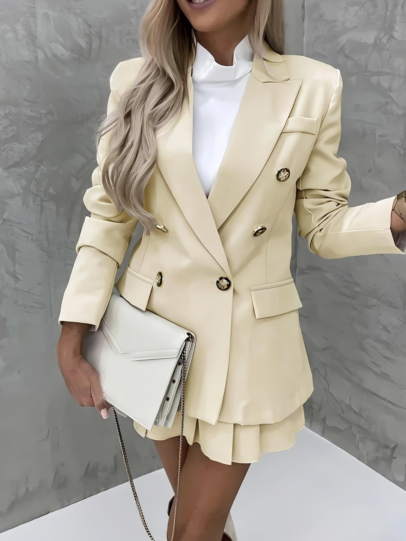 Elegant Women's Long Sleeve Blazer & Pleated Skirt Set - Polyester, Machine Washable, Non-Stretch Fabric