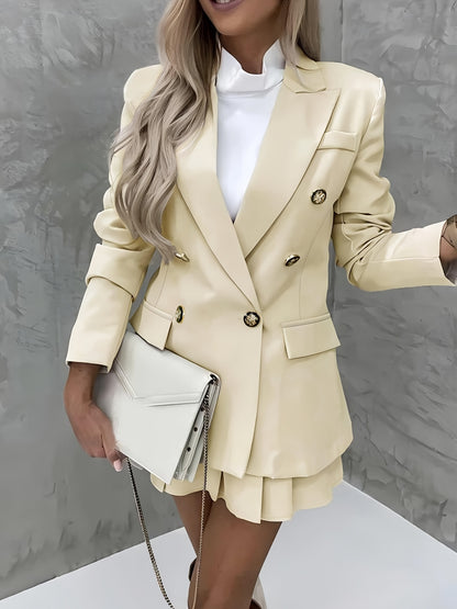 Elegant Women's Long Sleeve Blazer & Pleated Skirt Set - Polyester, Machine Washable, Non-Stretch Fabric