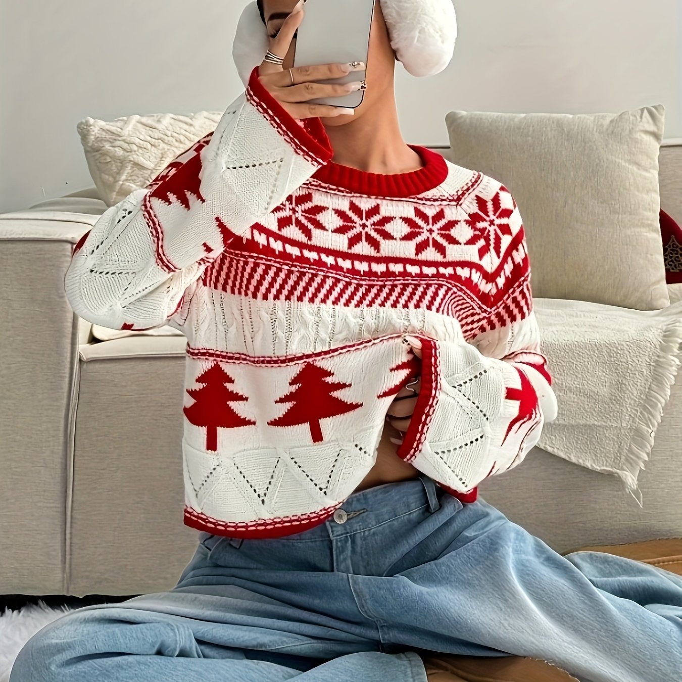 Elegant Red & White Christmas Sweater with Cat Ear Hood