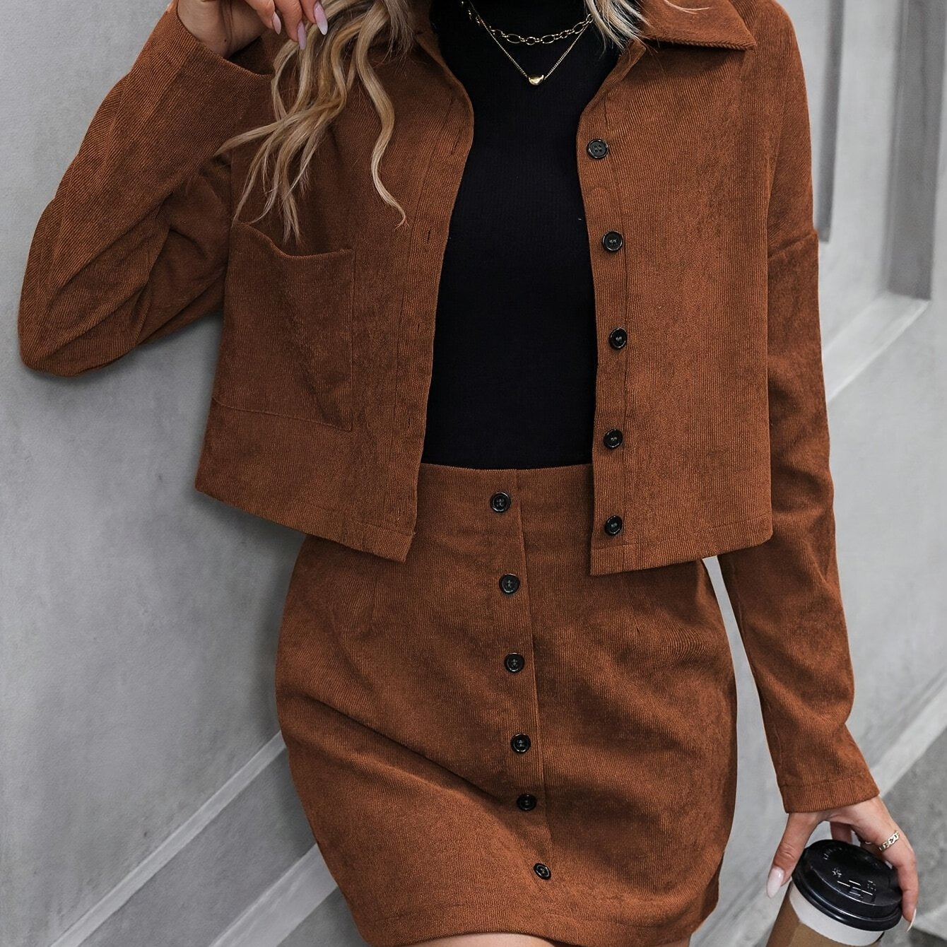 Elegant 100% Polyester Suit Set – Cardigan Jacket + Button Skirt